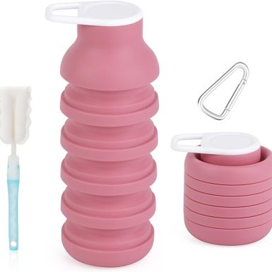 Collapsible Silicone Water Bottle - 20oz Foldable, Leakproof, BPA-Free - for Gym, Travel & Daily Use (Pink)
