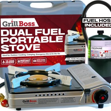 Grill Boss Dual Fuel Portable Stove, Dual Fuel Butane & Propane Stoves, 12K BTU Butane Camp Stove & Propane Portable Camping Stoves for Emergencies, Outdoor BBQ, Cooking, Hikings & Backpacking - 90057