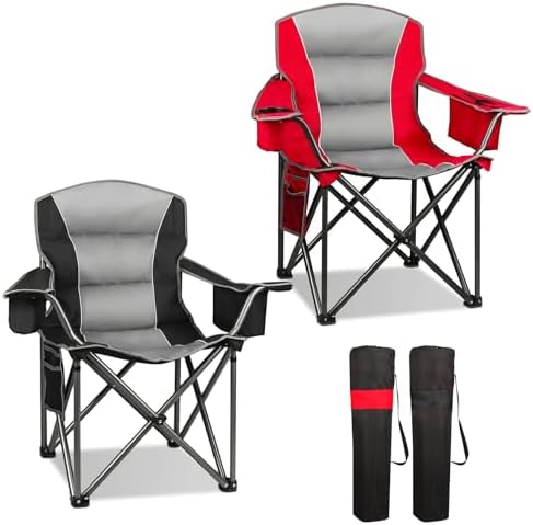 Northroad 2 Pack Oversized Camping Chair, Padded Portable Chairs Heavy Duty Camping Folding Chairs w/Cooler Bag & Cup Holder, Support 400 LBS for Outdoor, Fishing & Garden (Red & Black) - Image 2