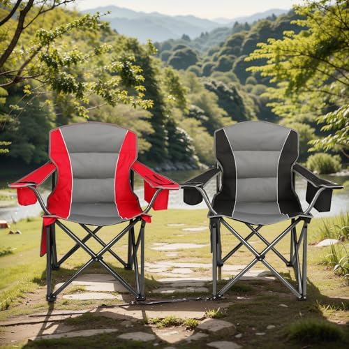 Northroad 2 Pack Oversized Camping Chair, Padded Portable Chairs Heavy Duty Camping Folding Chairs w/Cooler Bag & Cup Holder, Support 400 LBS for Outdoor, Fishing & Garden (Red & Black) - Image 3