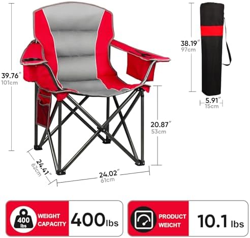 Northroad 2 Pack Oversized Camping Chair, Padded Portable Chairs Heavy Duty Camping Folding Chairs w/Cooler Bag & Cup Holder, Support 400 LBS for Outdoor, Fishing & Garden (Red & Black) - Image 4