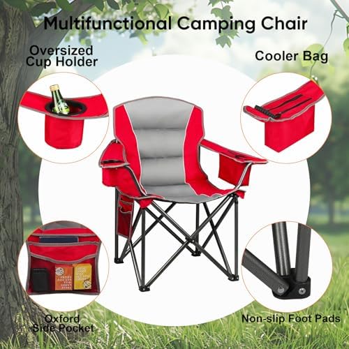 Northroad 2 Pack Oversized Camping Chair, Padded Portable Chairs Heavy Duty Camping Folding Chairs w/Cooler Bag & Cup Holder, Support 400 LBS for Outdoor, Fishing & Garden (Red & Black) - Image 6