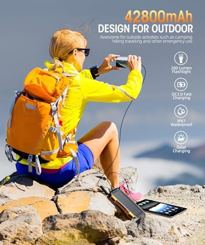 Power-Bank-Solar-Charger - 42800mAh Portable Charger,Solar Power Bank,External Battery Pack 5V3.1A Qc 3.0 Fast Charger Built-in Super Bright Flashlight (Orange) - Image 3