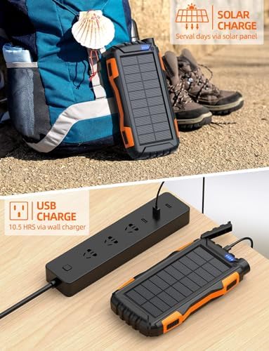 Power-Bank-Solar-Charger - 42800mAh Portable Charger,Solar Power Bank,External Battery Pack 5V3.1A Qc 3.0 Fast Charger Built-in Super Bright Flashlight (Orange) - Image 4